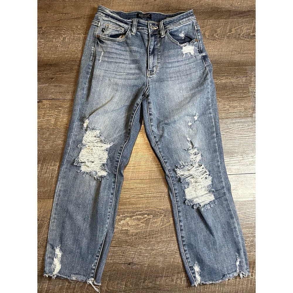 Judy Blue Straight Fit Distressed Jeans 5/27 Mid Rise Light Wash JB82434MD